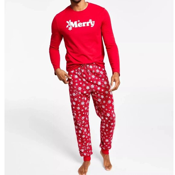 Family Pajamas Men's 2-Piece Pajama Set, Red Merry Christmas Snowflake - Picture 1 of 6